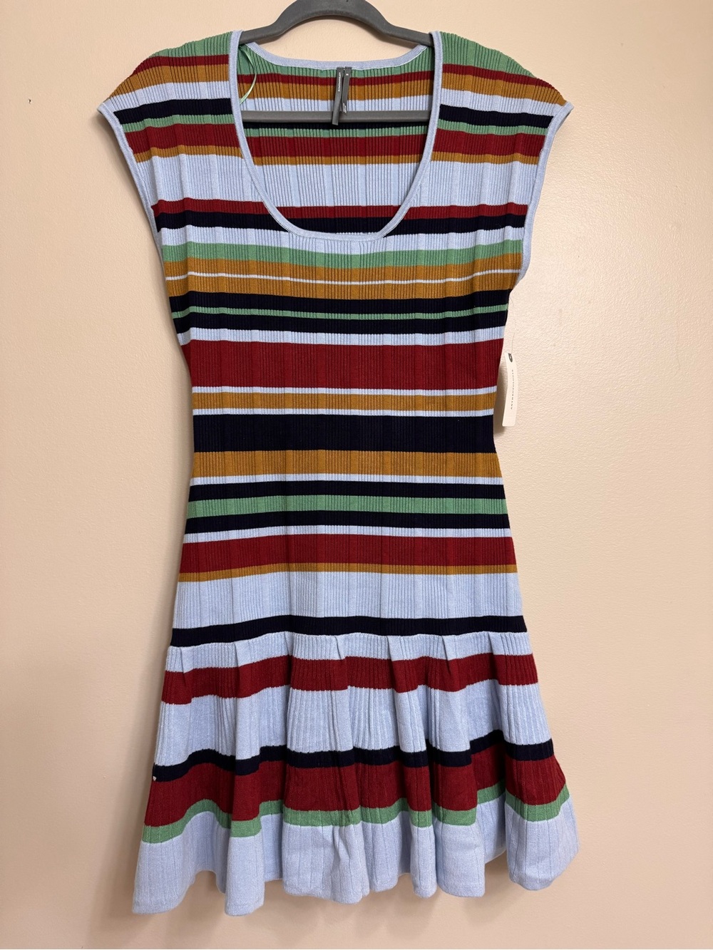 Anthropologie - Striped Ribbed Knit Dress in Light Blue, Red, Navy and Mustard